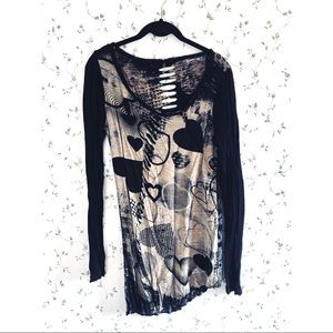 Desigual Long Sleeve Cut-Out Top Medium Heart Pattern Brown Black Rough Hem